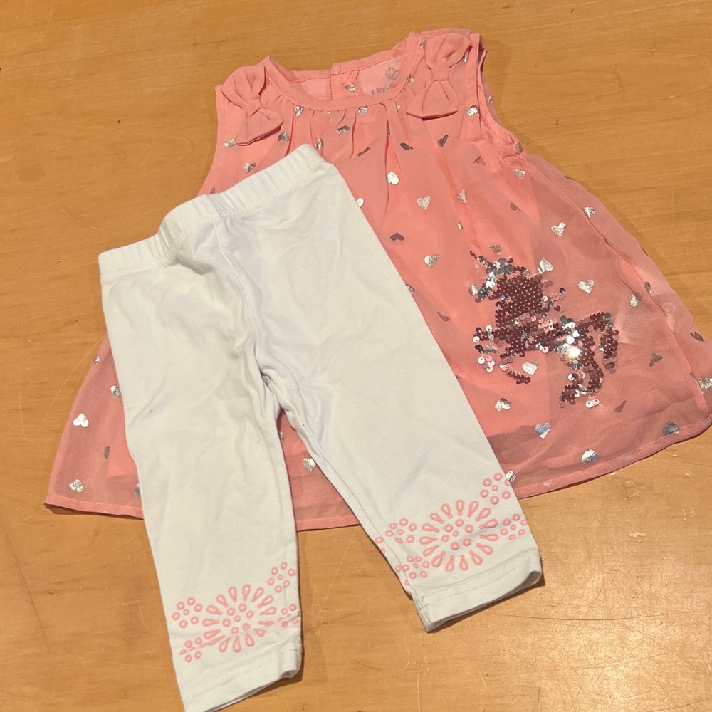 Pink Sleeveless Top with Sequin Unicorn and White Leggings